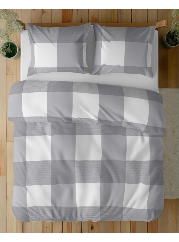 POŚCIEL FLANELOWA W KRATĘ 200x220 SZARO BIAŁA BAWEŁNIANA 4944_A