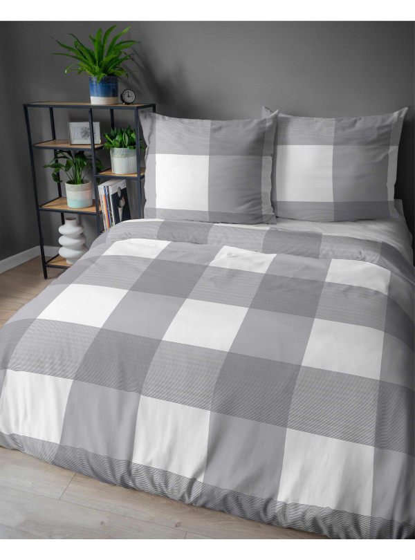 POŚCIEL FLANELOWA W KRATĘ 200x220 SZARO BIAŁA BAWEŁNIANA 4944_A