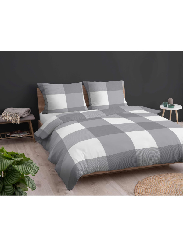 POŚCIEL FLANELOWA W KRATĘ 200x220 SZARO BIAŁA BAWEŁNIANA 4944_A