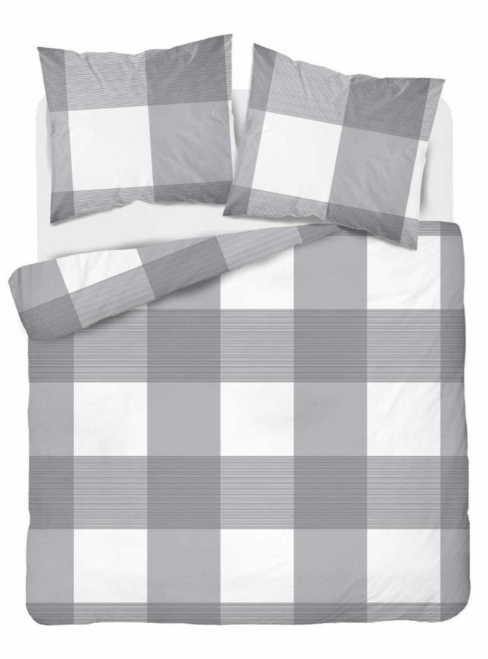 POŚCIEL FLANELOWA W KRATĘ 200x220 SZARO BIAŁA BAWEŁNIANA 4944_A
