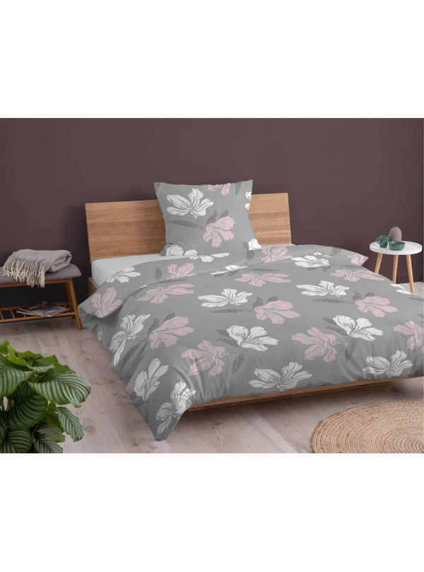 POŚCIEL FLANELOWA W KWIATY 140x200 SZARA BAWEŁNIANA 4945_A