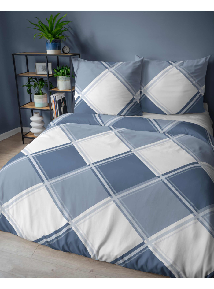 POŚCIEL FLANELOWA W KRATĘ 200x220 BIAŁA NIEBIESKA BAWEŁNIANA 4955_B