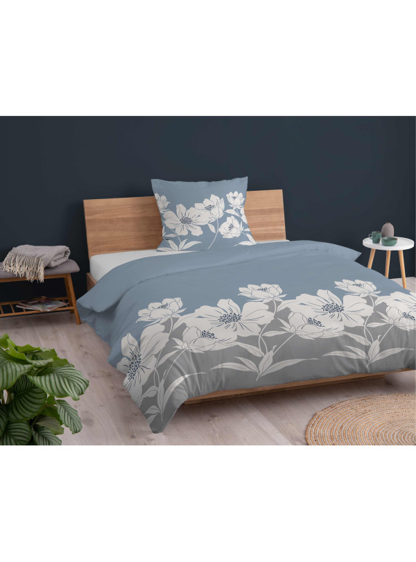 POŚCIEL FLANELOWA W KWIATY 140x200 NIEBIESKA BAWEŁNIANA 4948_A