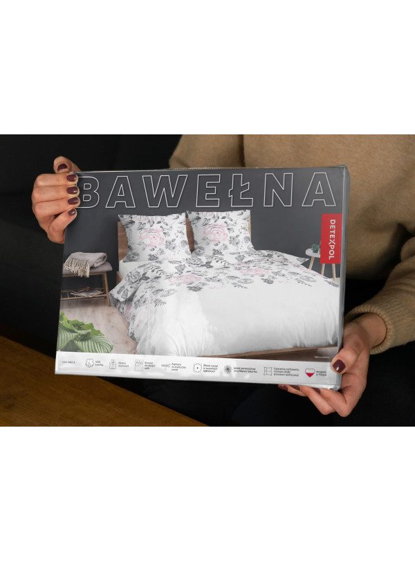 POŚCIEL BAWEŁNIANA W KWIATY 180x200 BIAŁA 4462_B