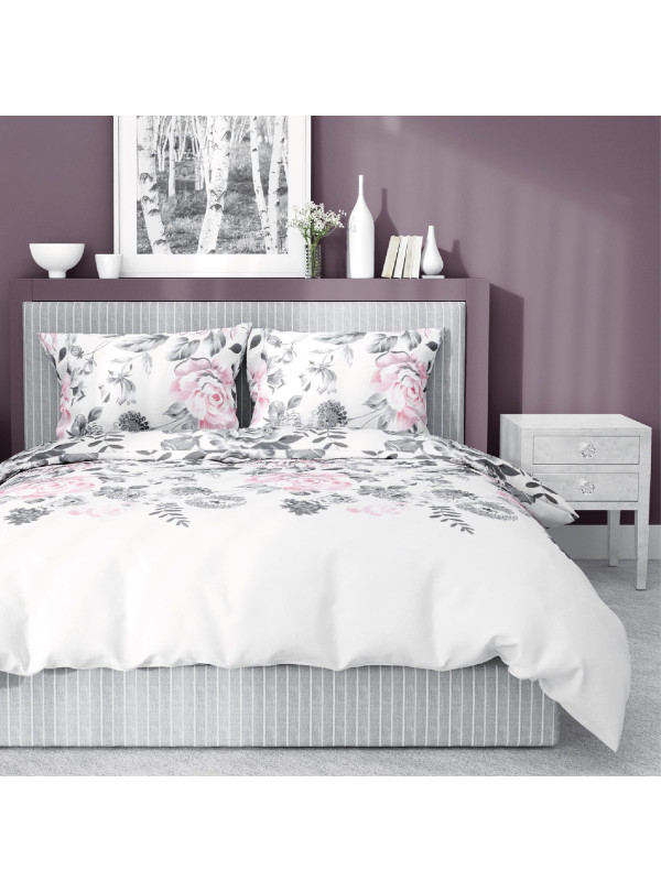 POŚCIEL BAWEŁNIANA W KWIATY 180x200 BIAŁA 4462_B