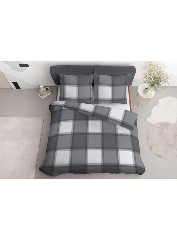 POŚCIEL BAWEŁNIANA W KRATĘ 180x200 BIAŁA SZARA 4573_A