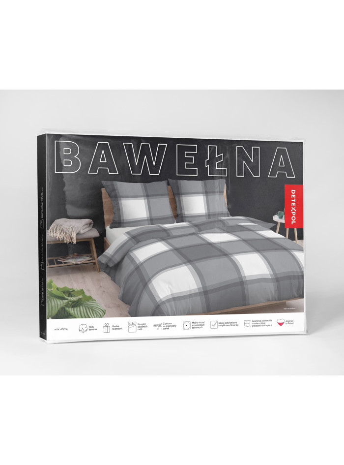 POŚCIEL BAWEŁNIANA W KRATĘ 180x200 BIAŁA SZARA 4573_A