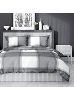 POŚCIEL BAWEŁNIANA W KRATĘ 180x200 BIAŁA SZARA 4573_A 2