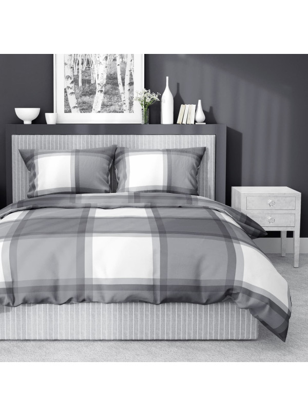 POŚCIEL BAWEŁNIANA W KRATĘ 180x200 BIAŁA SZARA 4573_A