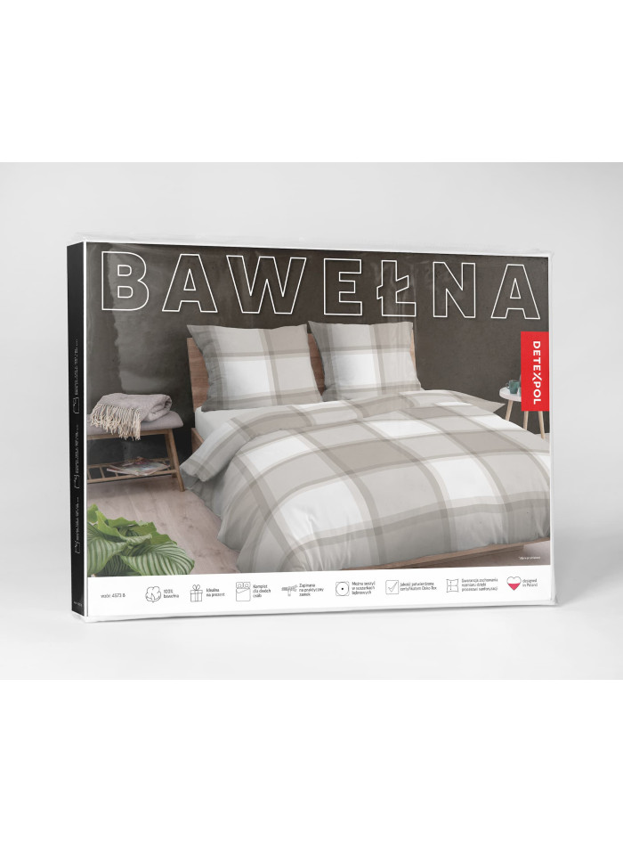 POŚCIEL BAWEŁNIANA W KRATĘ 180x200 BIAŁA BEŻOWA 4573_B