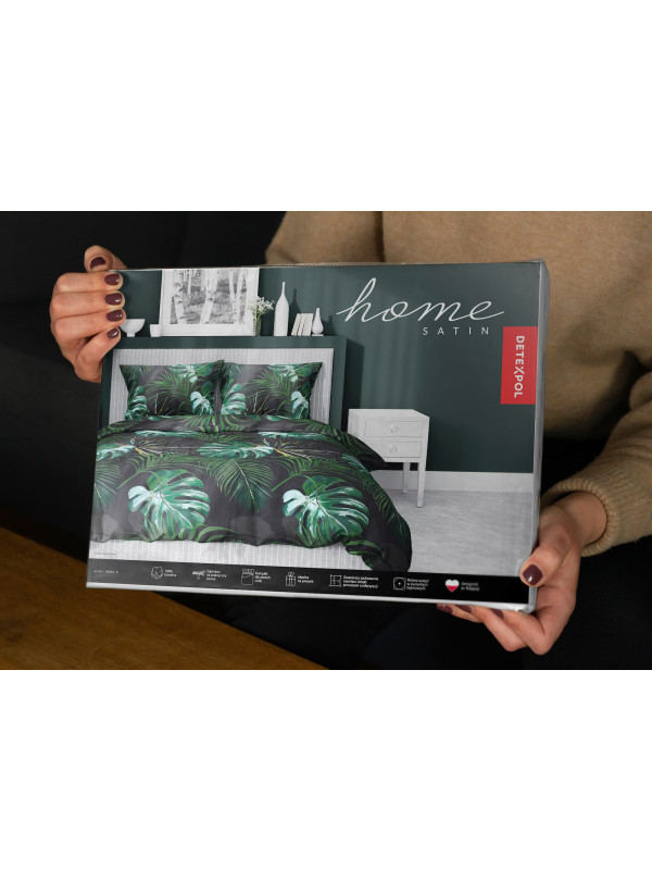 POŚCIEL SATYNA BAWEŁNIANA W LIŚCIE 180x200 CZARNO ZIELONA 4680_A