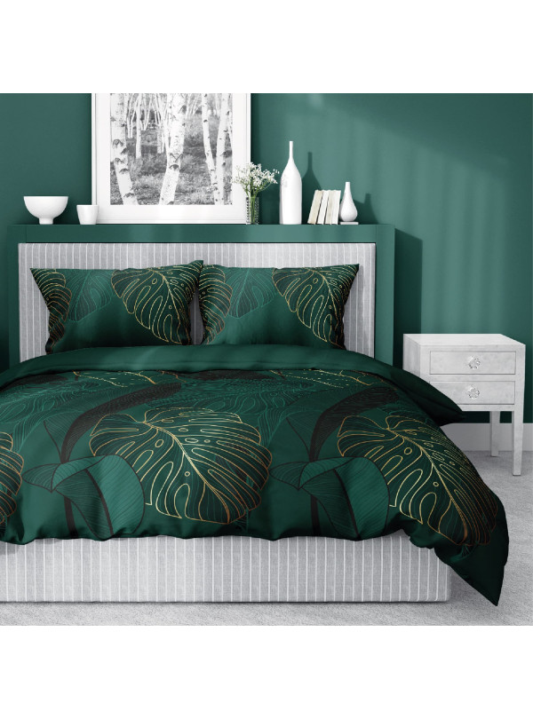POŚCIEL SATYNA BAWEŁNIANA W LIŚCIE 180x200 ZIELONA 4456_A