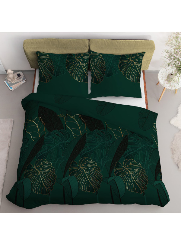 POŚCIEL SATYNA BAWEŁNIANA W LIŚCIE 180x200 ZIELONA 4456_A