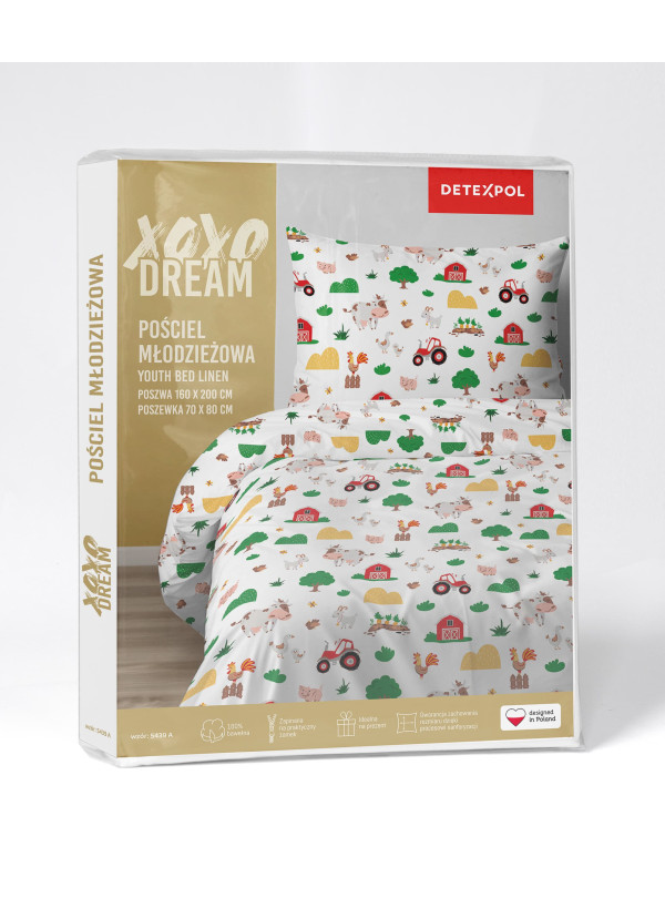 POŚCIEL MŁODZIEŻOWA 140x200 BIAŁA FARMA TRAKTOR 5439_A