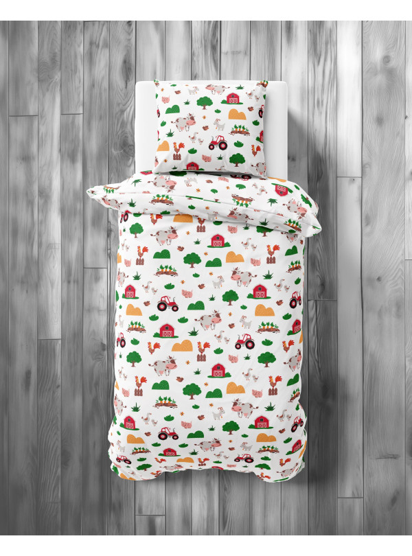 POŚCIEL MŁODZIEŻOWA 140x200 BIAŁA FARMA TRAKTOR 5439_A