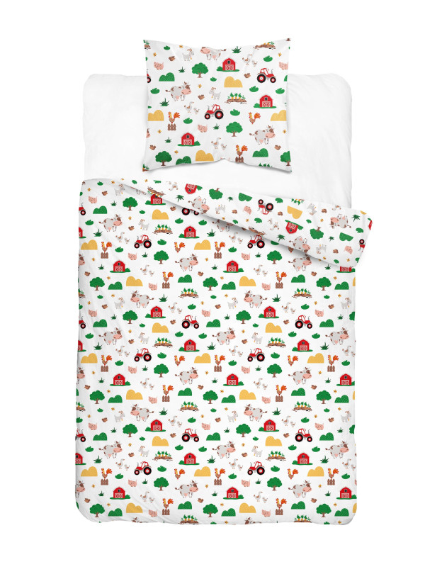 POŚCIEL MŁODZIEŻOWA 140x200 BIAŁA FARMA TRAKTOR 5439_A