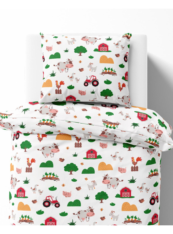 POŚCIEL MŁODZIEŻOWA 160x200 BIAŁA FARMA TRAKTOR 5439_A