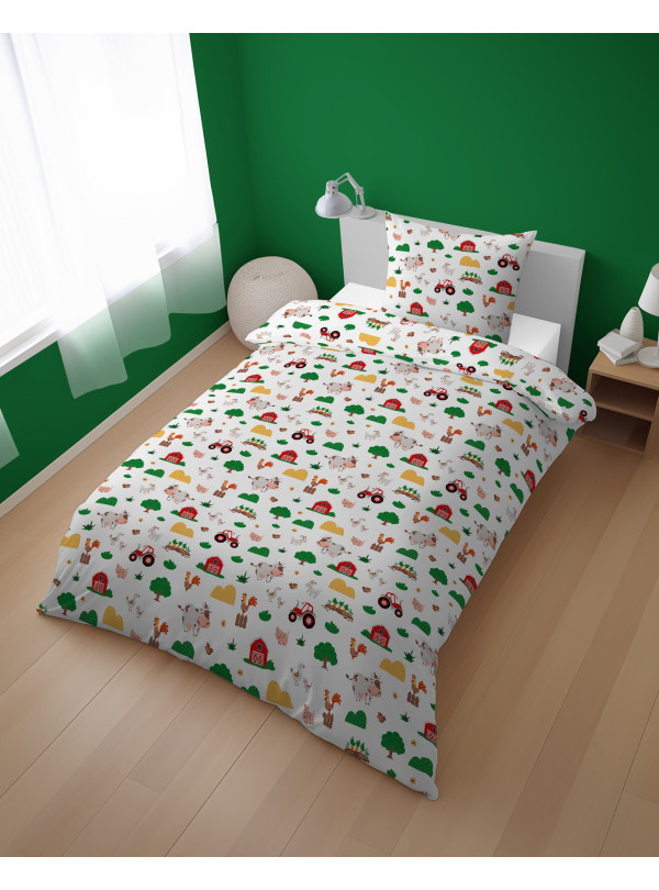 POŚCIEL MŁODZIEŻOWA 160x200 BIAŁA FARMA TRAKTOR 5439_A