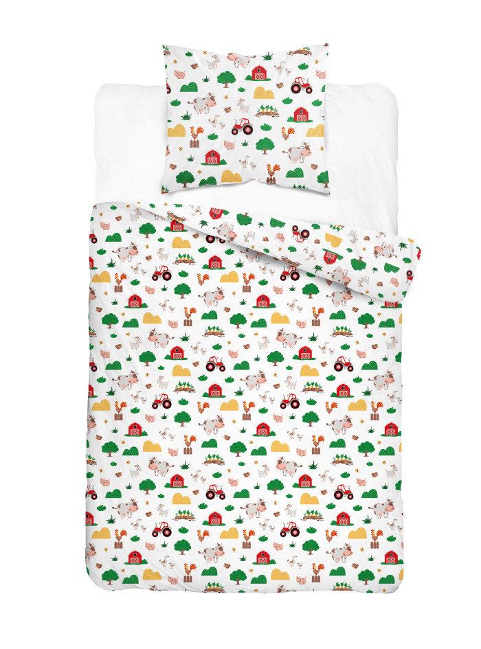 POŚCIEL MŁODZIEŻOWA 160x200 BIAŁA FARMA TRAKTOR 5439_A