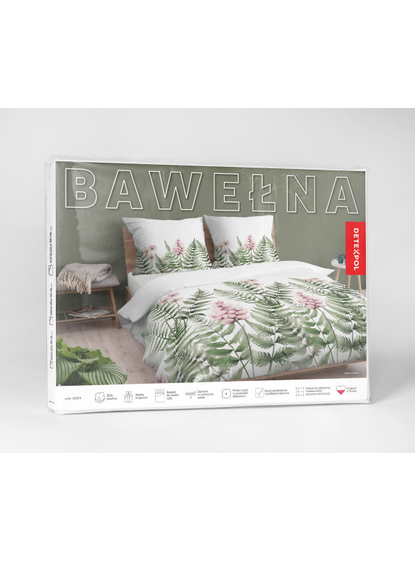 POŚCIEL BAWEŁNIANA 160x200 BIAŁA W ZIELONE LIŚCIE 5248_A
