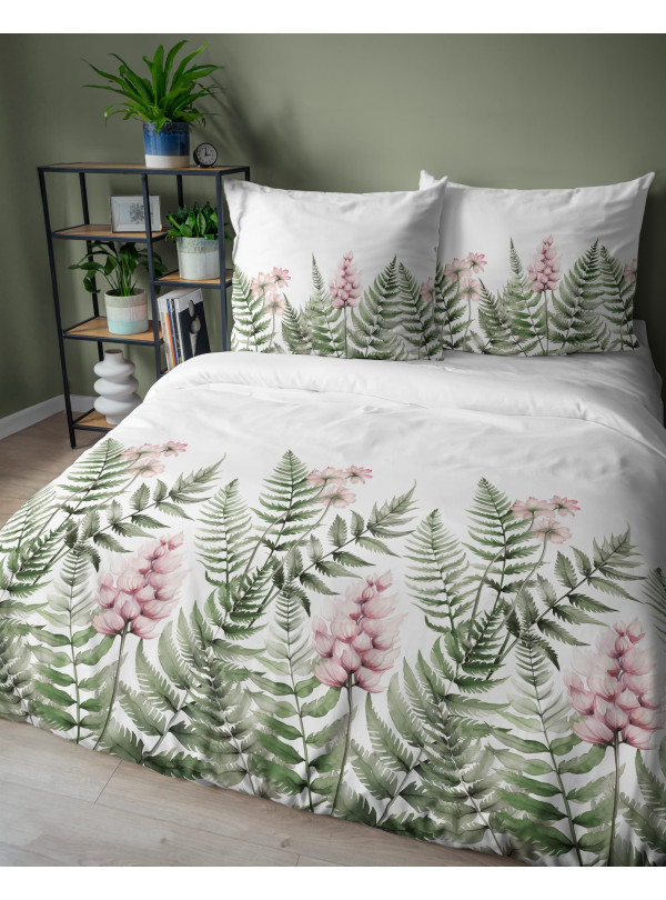 POŚCIEL BAWEŁNIANA 160x200 BIAŁA W ZIELONE LIŚCIE 5248_A