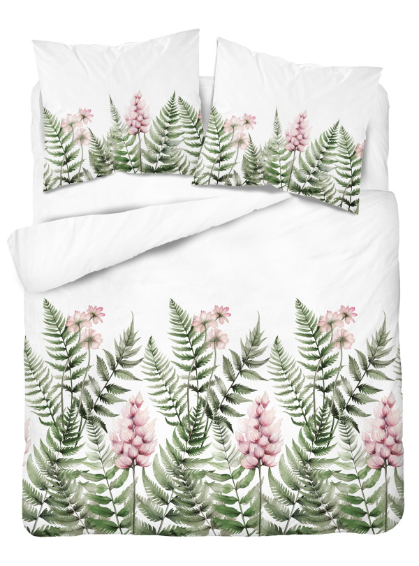 POŚCIEL BAWEŁNIANA 160x200 BIAŁA W ZIELONE LIŚCIE 5248_A