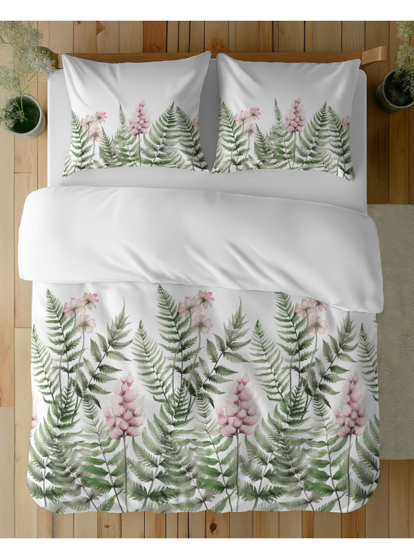 POŚCIEL BAWEŁNIANA 160x200 BIAŁA W ZIELONE LIŚCIE 5248_A