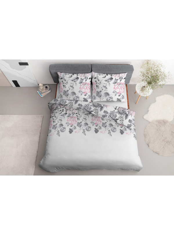 POŚCIEL BAWEŁNIANA 200x220 BIAŁA W KWIATY 4462_A