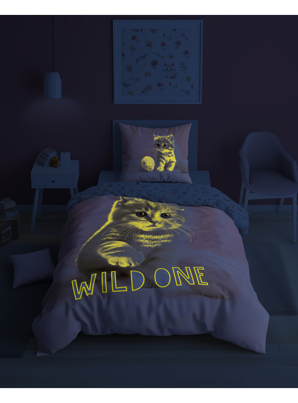 POŚCIEL 140x200 ŚWIECĄCA W CIEMNOŚCI Z KOTEM RÓŻOWA 5408_A