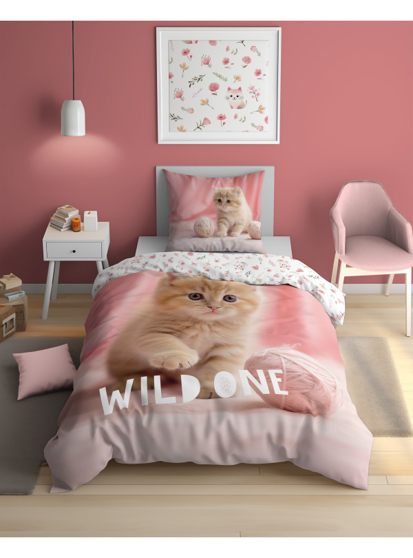 POŚCIEL 140x200 ŚWIECĄCA W CIEMNOŚCI Z KOTEM RÓŻOWA 5408_A