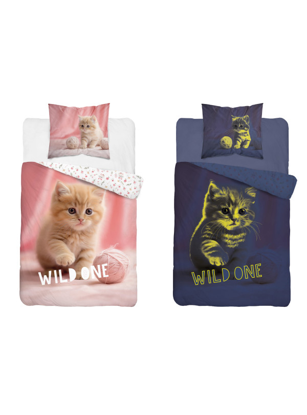 POŚCIEL 140x200 ŚWIECĄCA W CIEMNOŚCI Z KOTEM RÓŻOWA 5408_A