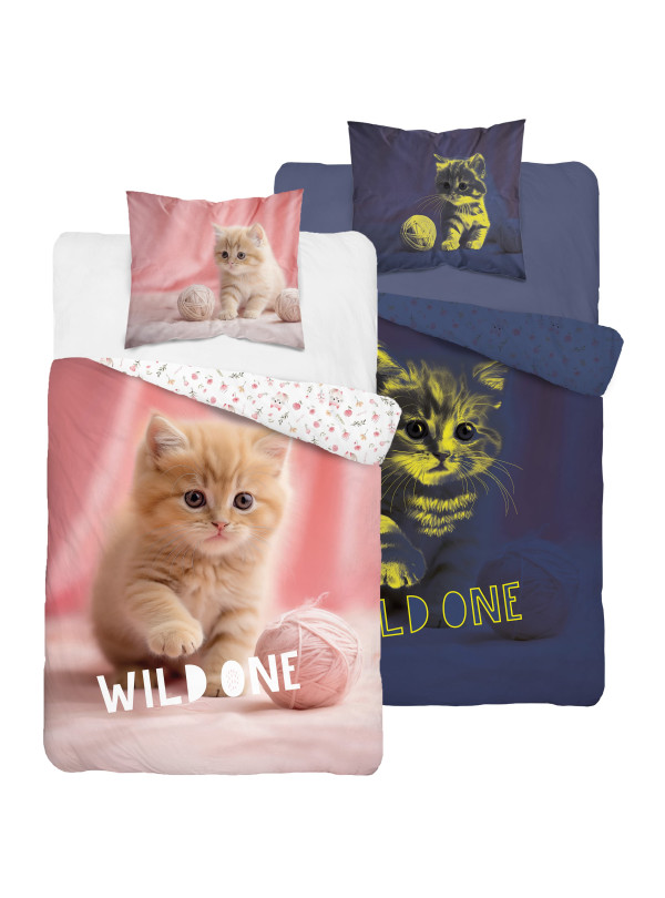 POŚCIEL 140x200 ŚWIECĄCA W CIEMNOŚCI Z KOTEM RÓŻOWA 5408_A