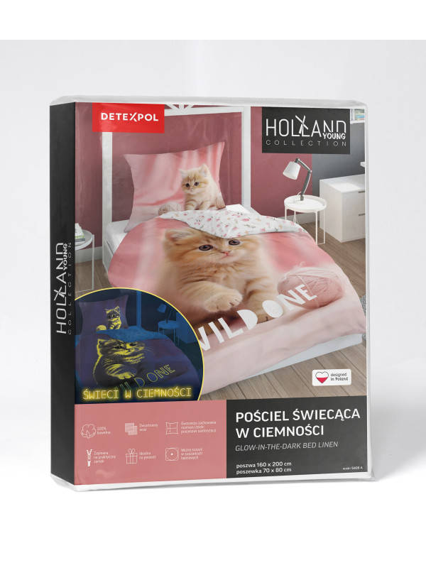 POŚCIEL 160x200 ŚWIECĄCA W CIEMNOŚCI Z KOTEM RÓŻOWA 5408_A