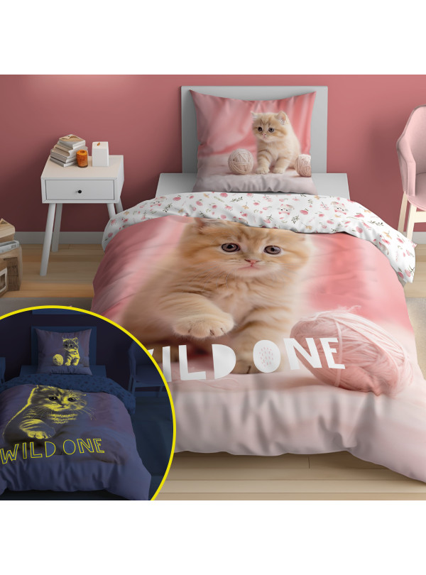 POŚCIEL 160x200 ŚWIECĄCA W CIEMNOŚCI Z KOTEM RÓŻOWA 5408_A