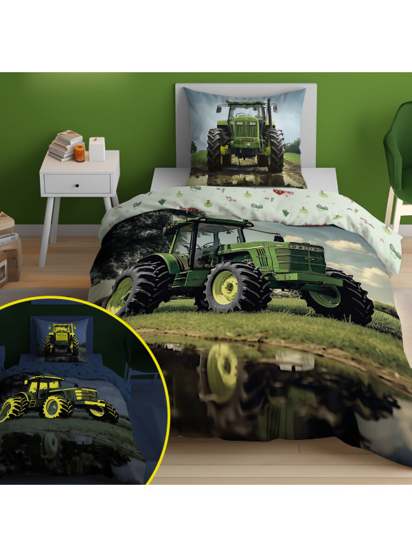 POŚCIEL 160x200 ŚWIECĄCA W CIEMNOŚCI ZIELONY TRAKTOR 5409_A