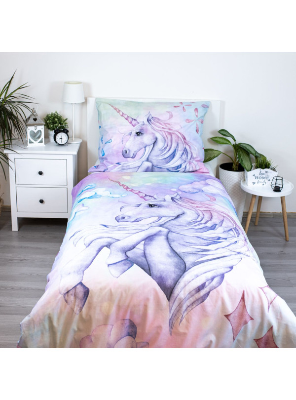 KOMPLET POŚCIELI 140x200 JEDNOROŻEC BAŚNIOWY KOŃ PASTELOWA