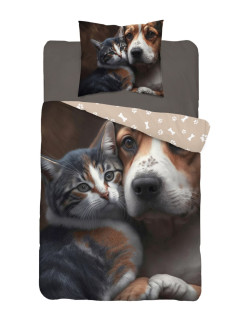 POŚCIEL ŚWIECĄCA W CIEMNOŚCI 140x200 PIES I KOT BRĄZOWA 2
