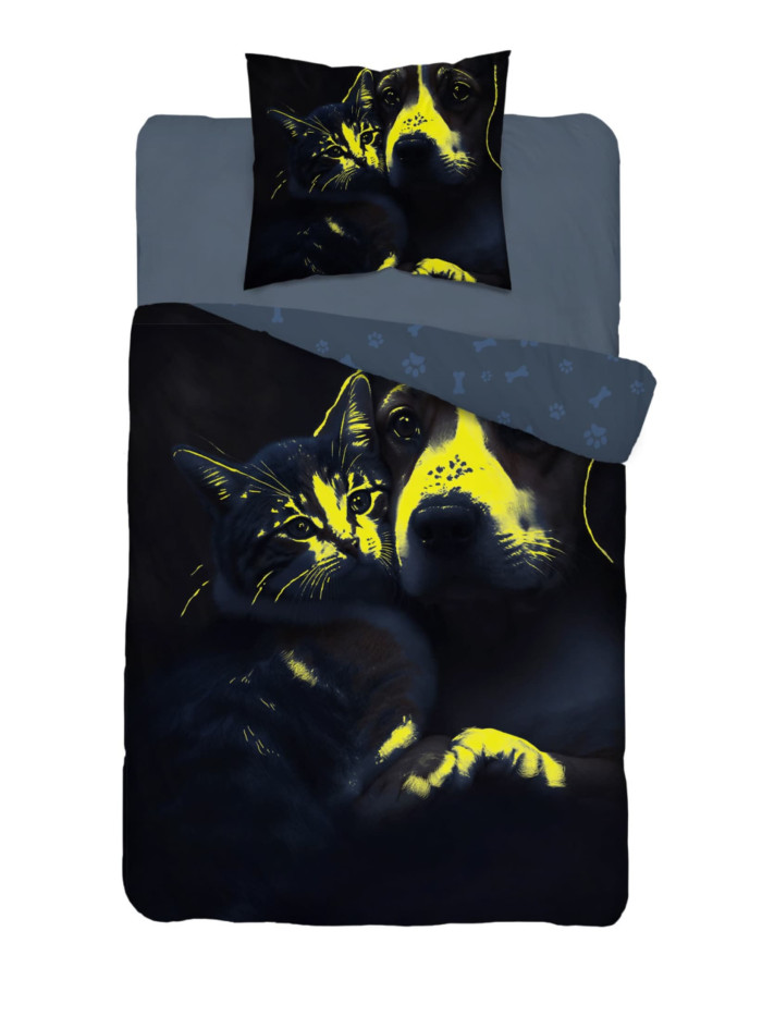 POŚCIEL ŚWIECĄCA W CIEMNOŚCI 140x200 PIES I KOT BRĄZOWA