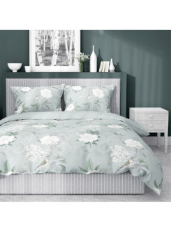 KOMPLET POŚCIELI 180x200 SATYNA BAWEŁNIANA KWIATY MIĘTOWA