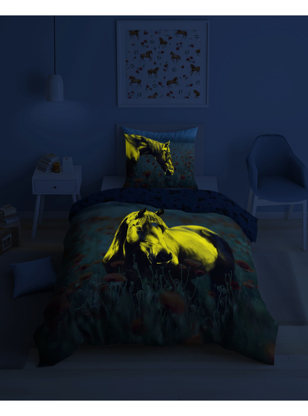 POŚCIEL 140x200 ŚWIECĄCA W CIEMNOŚCI KOŃ KONIE 5550_A