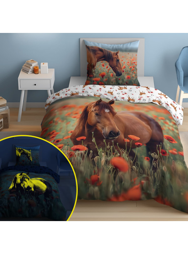 POŚCIEL 160x200 ŚWIECĄCA W CIEMNOŚCI KOŃ KONIE 5550_A