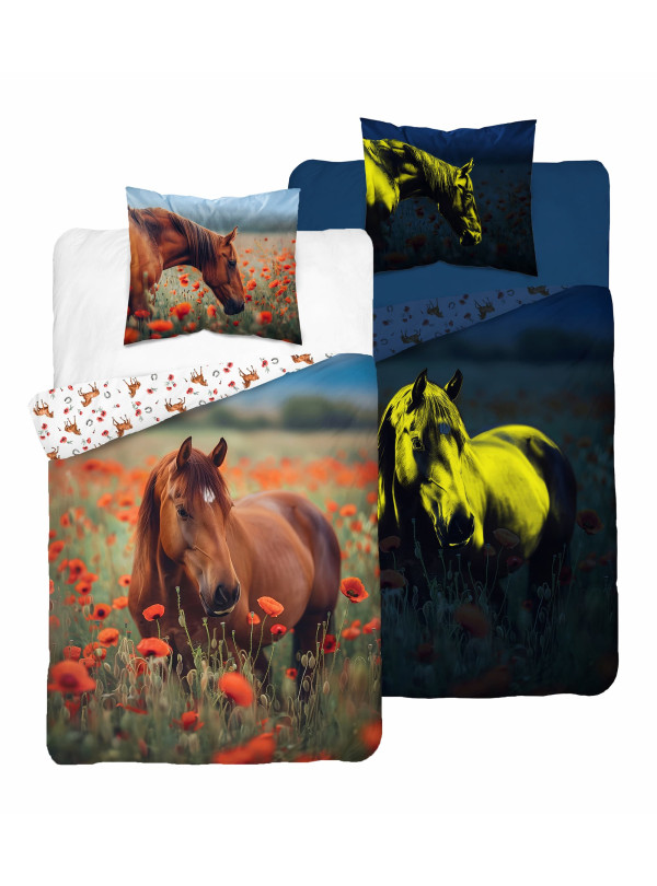 POŚCIEL 160x200 ŚWIECĄCA W CIEMNOŚCI KOŃ KONIE 5550_A