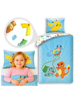 POŚCIEL 140x200 POKEMON PIKACHU BULBASAUR CHARMANDER NIEBIESKA
