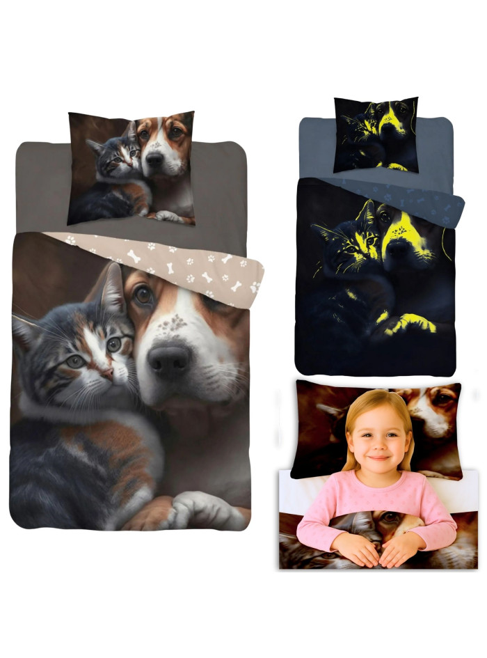 POŚCIEL ŚWIECĄCA W CIEMNOŚCI 140x200 PIES I KOT BRĄZOWA