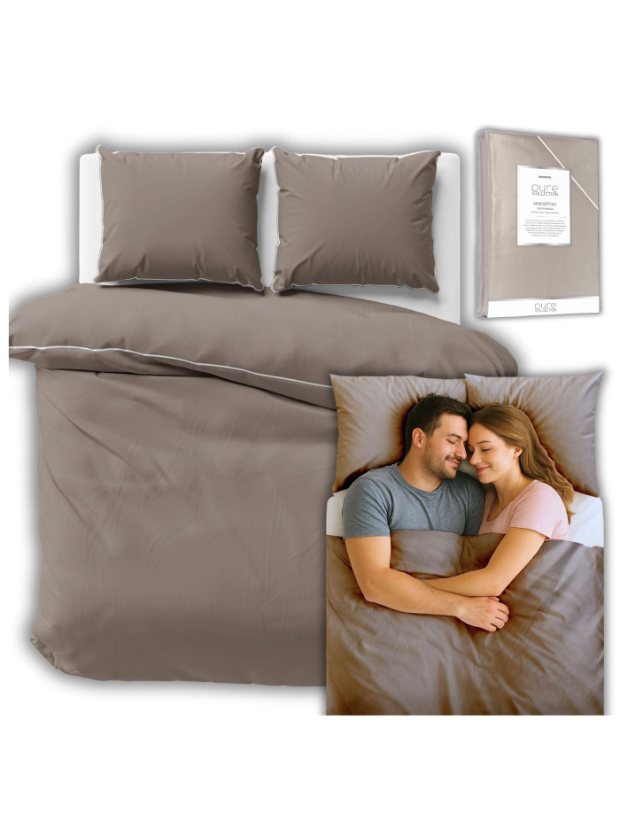 KOMPLET POŚCIELI PURE 200x220 MAKOSATYNA TAUPE BRĄZOWA