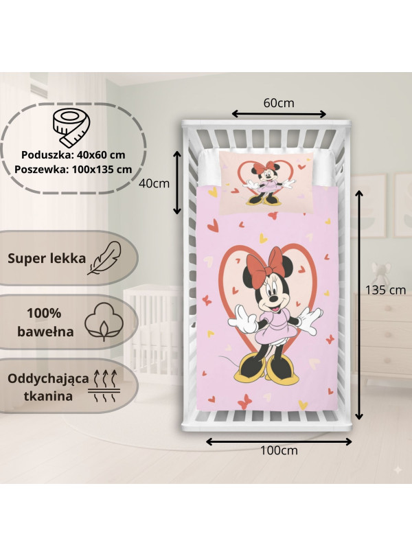POŚCIEL DO ŁÓŻECZKA 100x135 cm MYSZKA MINNIE ŚWIECĄCA W CIEMNOŚCI MN-1932