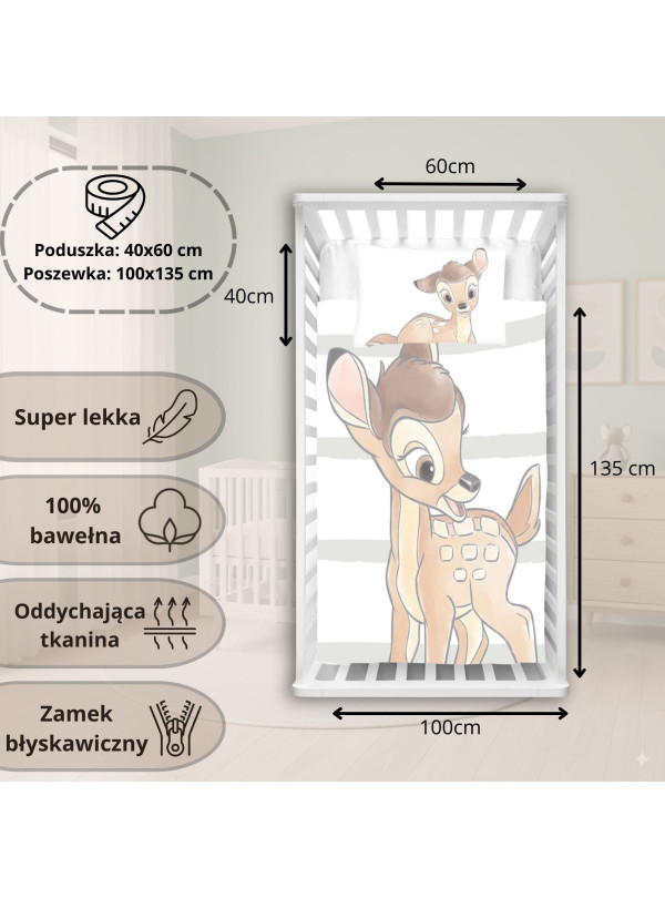 POŚCIEL DO ŁÓŻECZKA 100x135 JELONEK BAMBI W PASY
