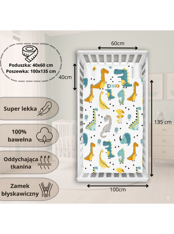 POŚCIEL DO ŁÓŻECZKA 100x135 KOLOROWE DINOZAURY DINO_03