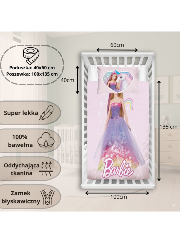 POŚCIEL BAWEŁNIANA 100x135 DZIECIĘCA DO ŁÓŻECZKA BARBIE KSIĘŻNICZKA SUKNIA