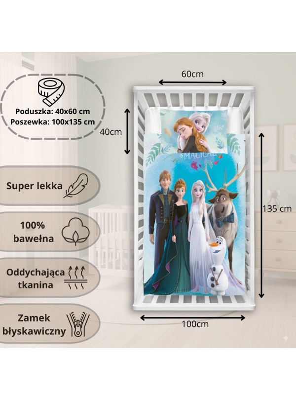 POŚCIEL DO ŁÓŻECZKA 100x135 cm FROZEN ELSA ANNA OLAF NIEBIESKA